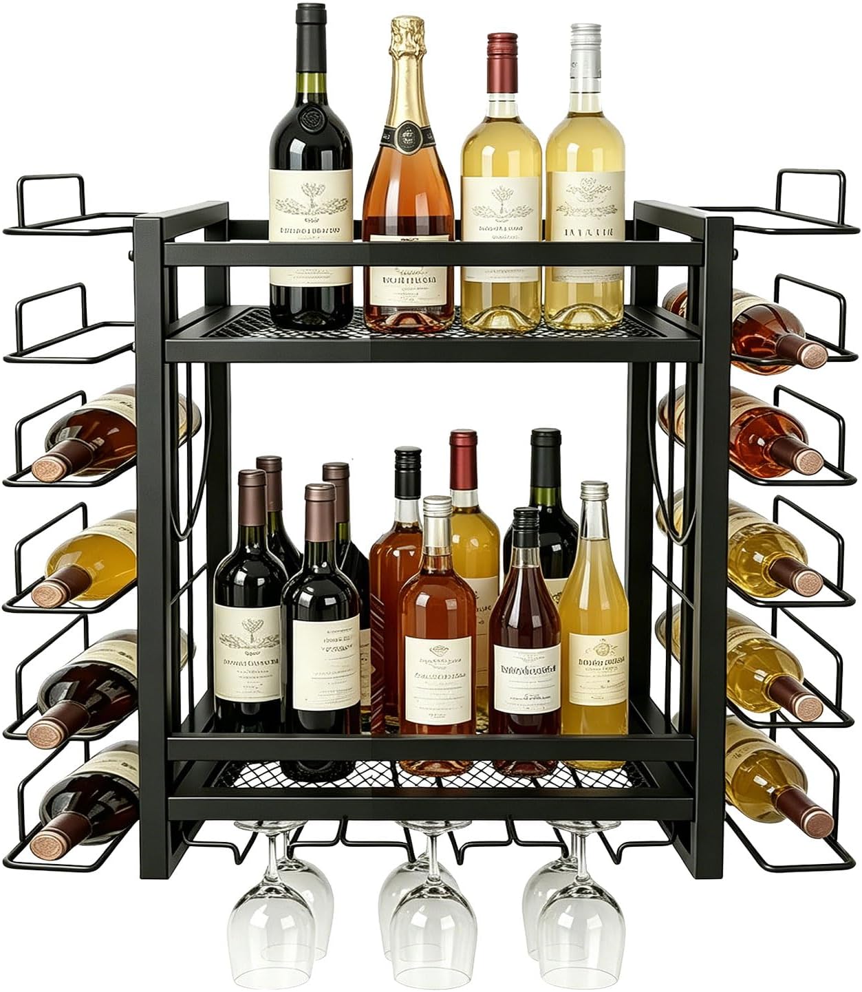 Wall Mounted Wine Rack-Black Metal Wine Bottle & Glass Holder for wall, Wine Bottles Display Wall Storage for Kitchen Dining Room Home Bar