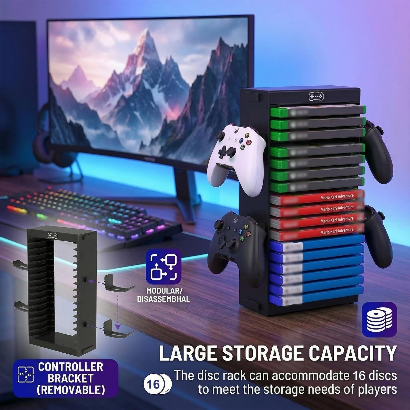 SOONHUA Tour Rangement Jeux Vidéo Support Manettes Compatible PS5 PS4 | Support de rangement avec 4 porte-manettes pour consoles compatibles Switch, Xbox et disques de jeu