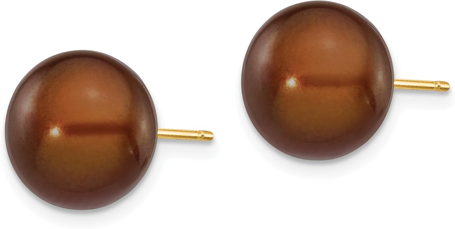 Chocolate Brown Freshwater Cultured Button Pearl Post Earrings in Real 14k Yellow Gold
