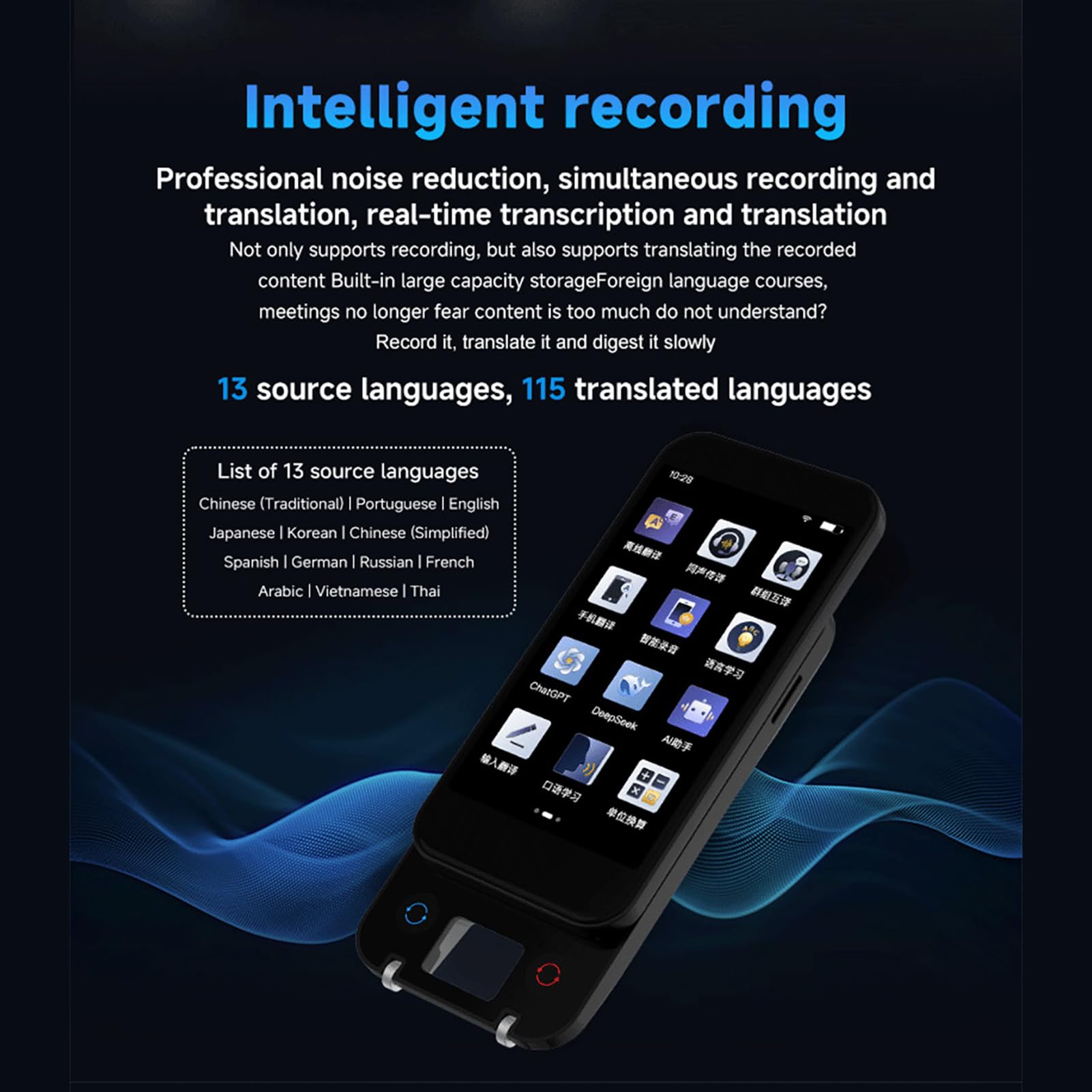 ASHATA Boligrafo Traductor de Voz Inteligente, Escaner Lector de Sonido Portatil con 148 Idiomas, for Viajes, Estudio y Aprendizaje de Idiomas | Traducción online y offline, escaneo de texto, IA, pantalla táctil y recargable