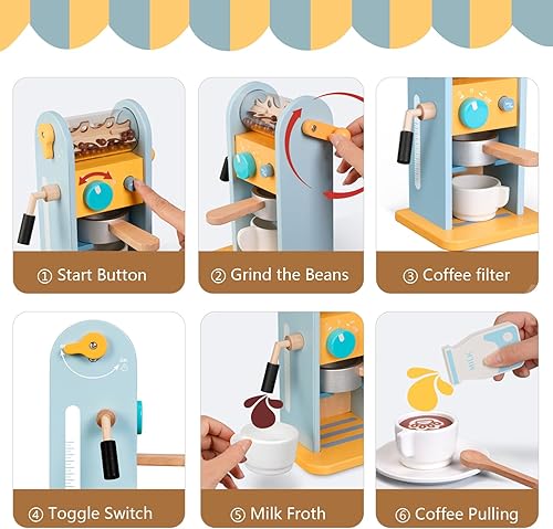 Miniatura 4 de ICEKO - Juego de cafetera de juguete de madera con molinillo - 11 piezas de accesorios de cocina realistas para niños - Juguetes de simulación -