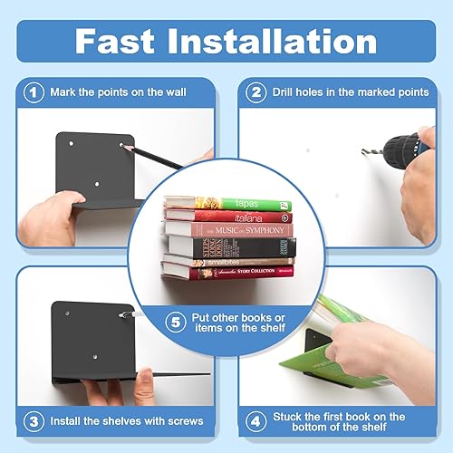 Miniatura 22 de Fentec Estantería flotante invisible, estantes flotantes montados en la pared, organizadores de libros de alta resistencia, estante oculto de metal
