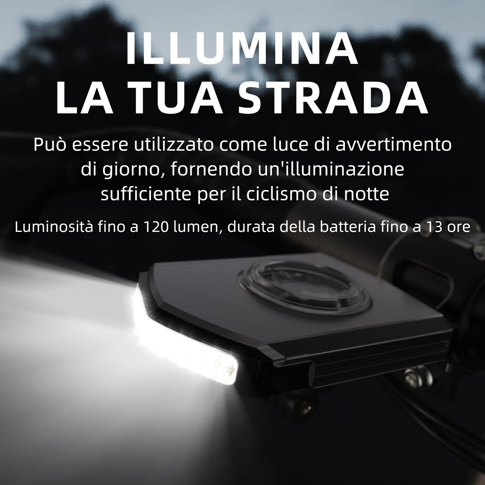 Luce Diurna per Bici 120 Lumen Luci Per Biciclette 5000mAh Autonomia 40h IPX6 Impermeabile USB-C 5 Modalità per Ciclismo Stradale MTB Notturno e Urbano