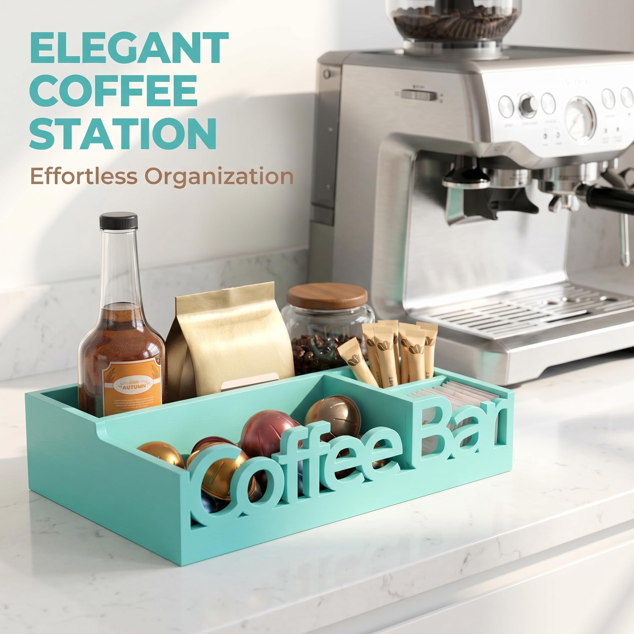 Organizador de barra de café, soporte de madera para cápsulas de café y organizador de condimentos | Cápsulas de café, paquetes de azúcar, varillas y tazas