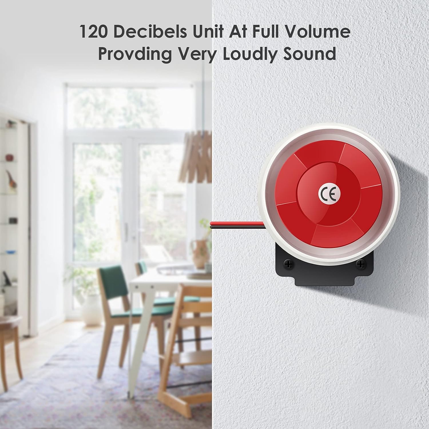 YISEELE wired siren mounted on a wall, emphasizing its 120-decibel output.