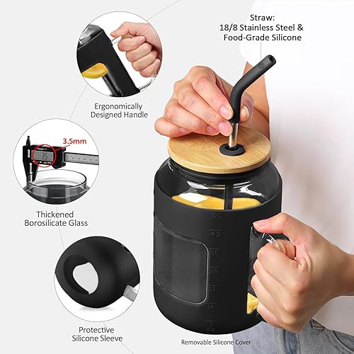 Miniatura 9 de WINSA Vaso de vidrio con tapa de bambú y popote, botellas de agua de vidrio de 32 onzas con marcador de tiempo, taza de café helado con asa, tazas