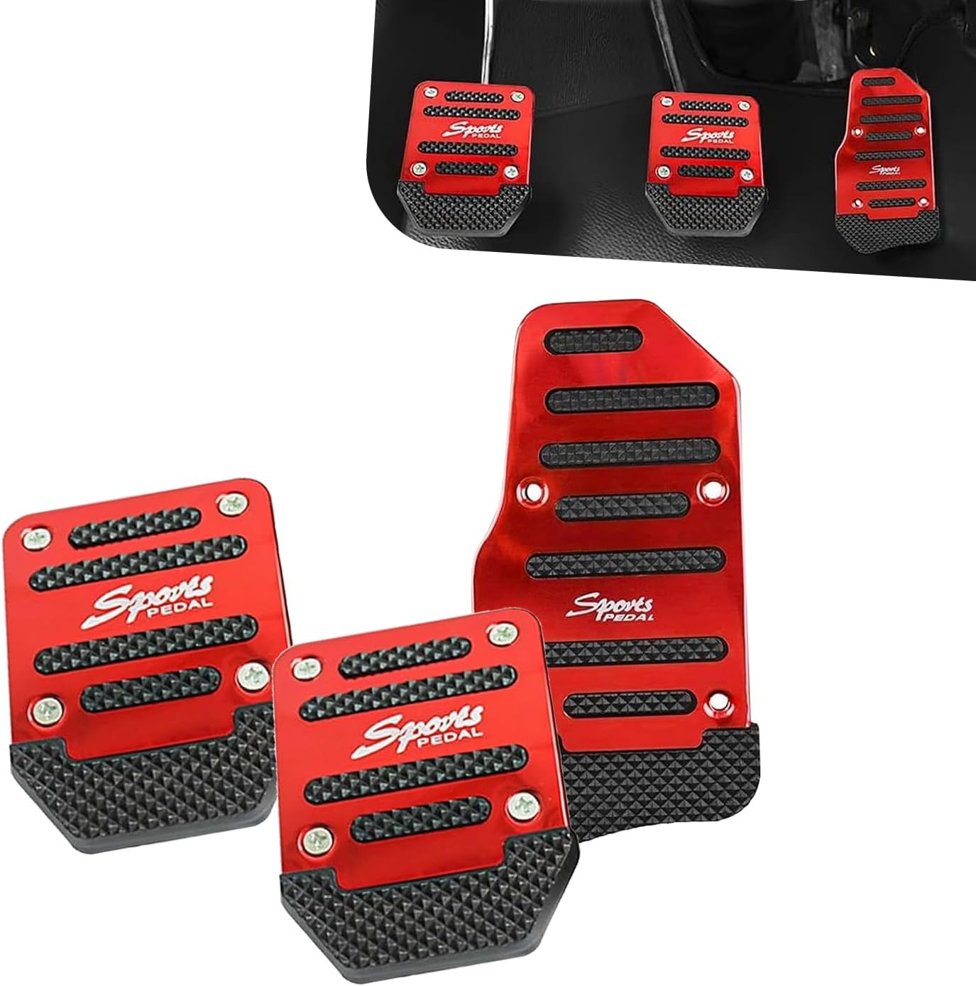3 PCS Car Pedal Pads, Non-slip Thickened Covers for Brake Throttle Clutch, Alloy Anti-rust Manual Transmission Pedal Plate, Replacement Kit for Most Car SUV ATV (Red)