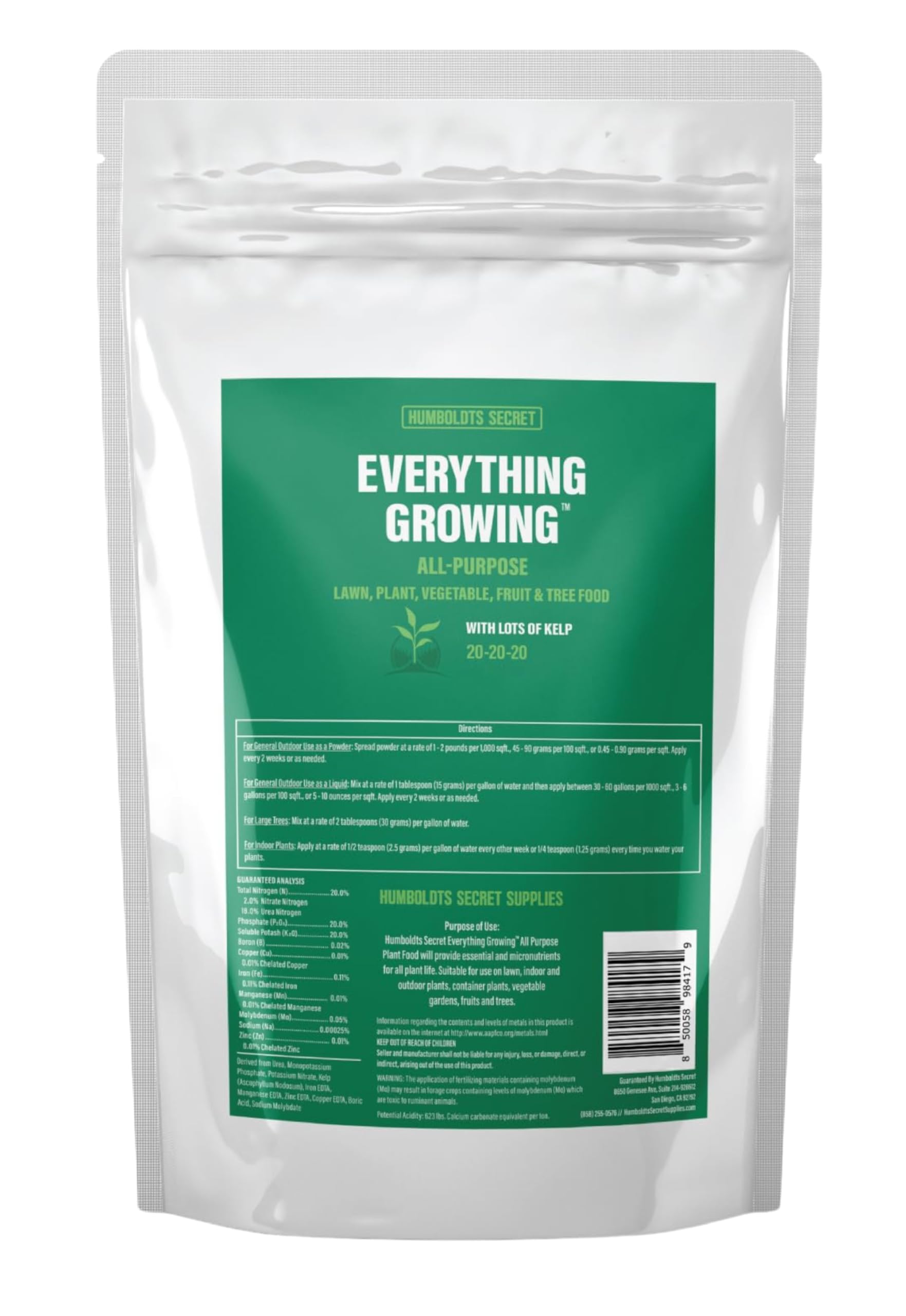 Humboldts Secret Everything Growing 20-20-20 Fertilizer | All Purpose Water Soluble Plant Food | Balanced NPK with Norwegian Kelp | for Lawns Gardens, Vegetables, Flowers & Indoor Plants | 2 lb