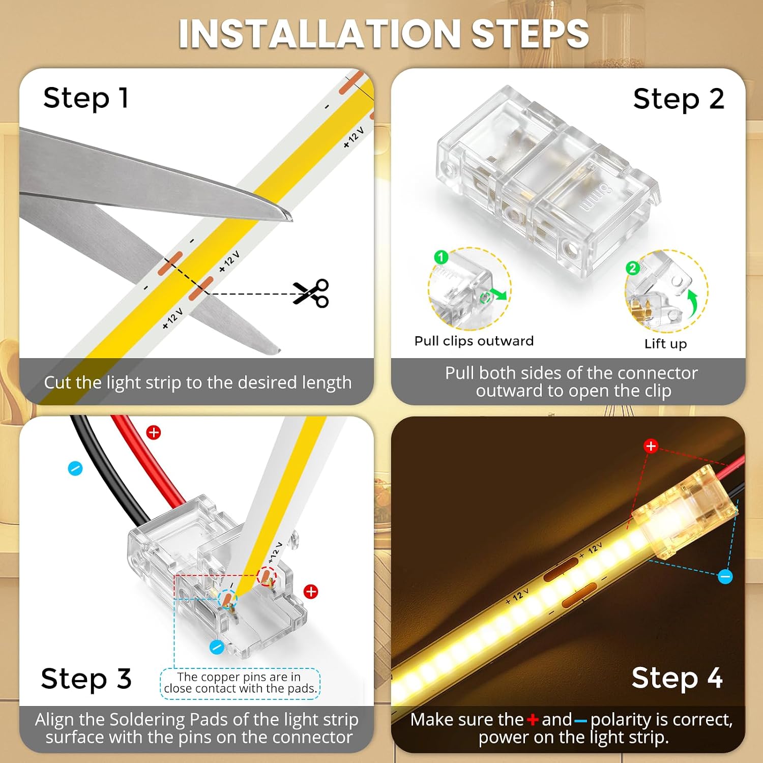RESHAKE 15 Pack LED Strip Connectors 2 Pin 8mm Solderless, Pigtail Transparent LED Light Connectors Gapless, Strip to Wire LED Connectors for 12V 24V Single Color COB/SMD LED Light Strips