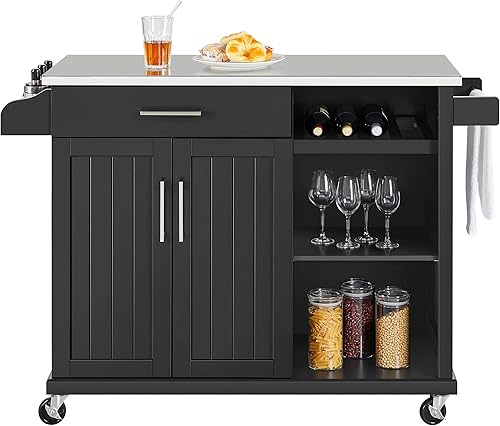 Topeakmart Isla de cocina con tapa de acero inoxidable y gabinete de almacenamiento, carrito de cocina con ruedas con cajón y estantes abiertos y