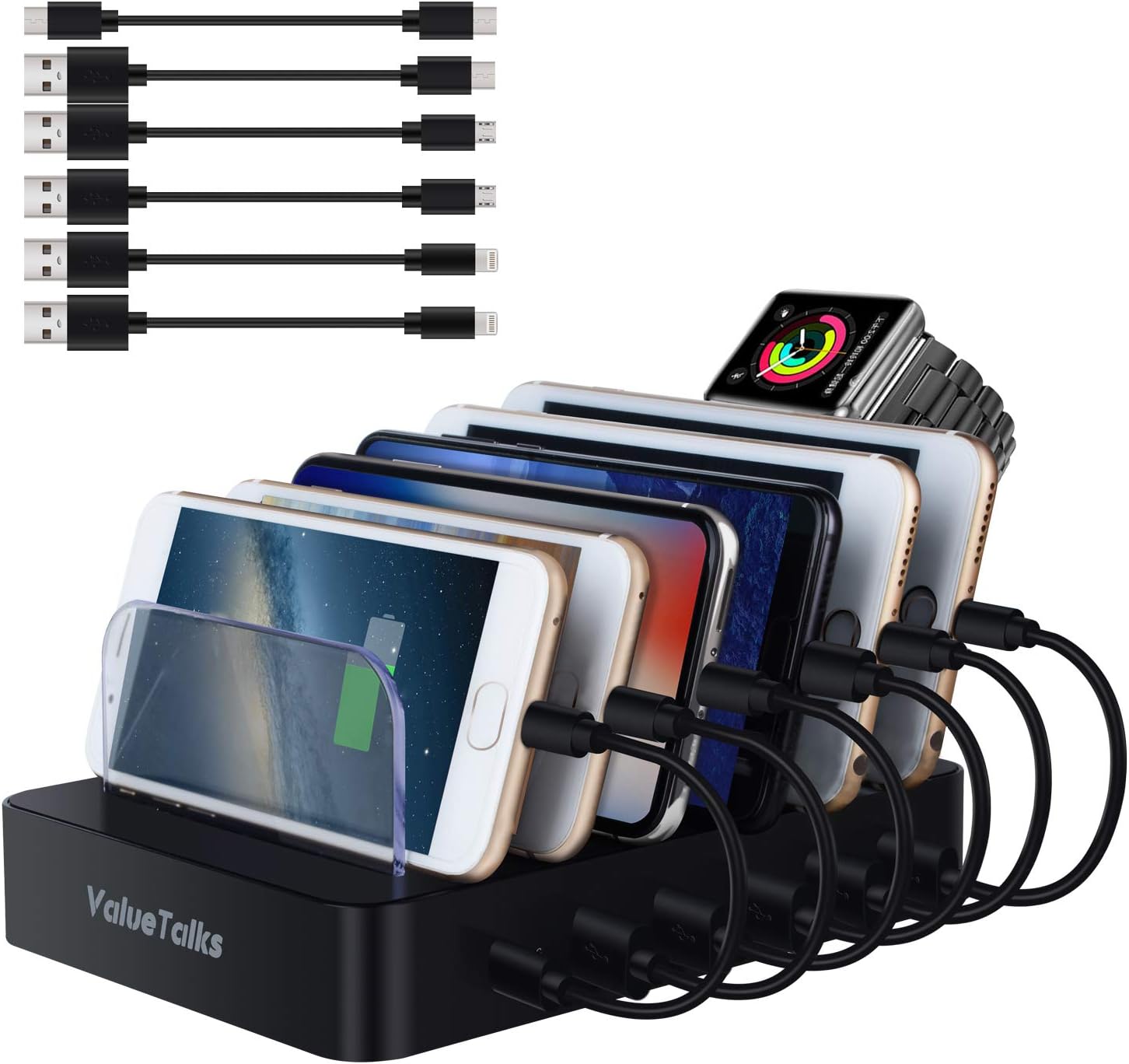 ValueTalks Multi Charging Station 50W Fast Charging Docking Station Detachable 6 Port USB Charging Dock with Switch for Tablet Phone