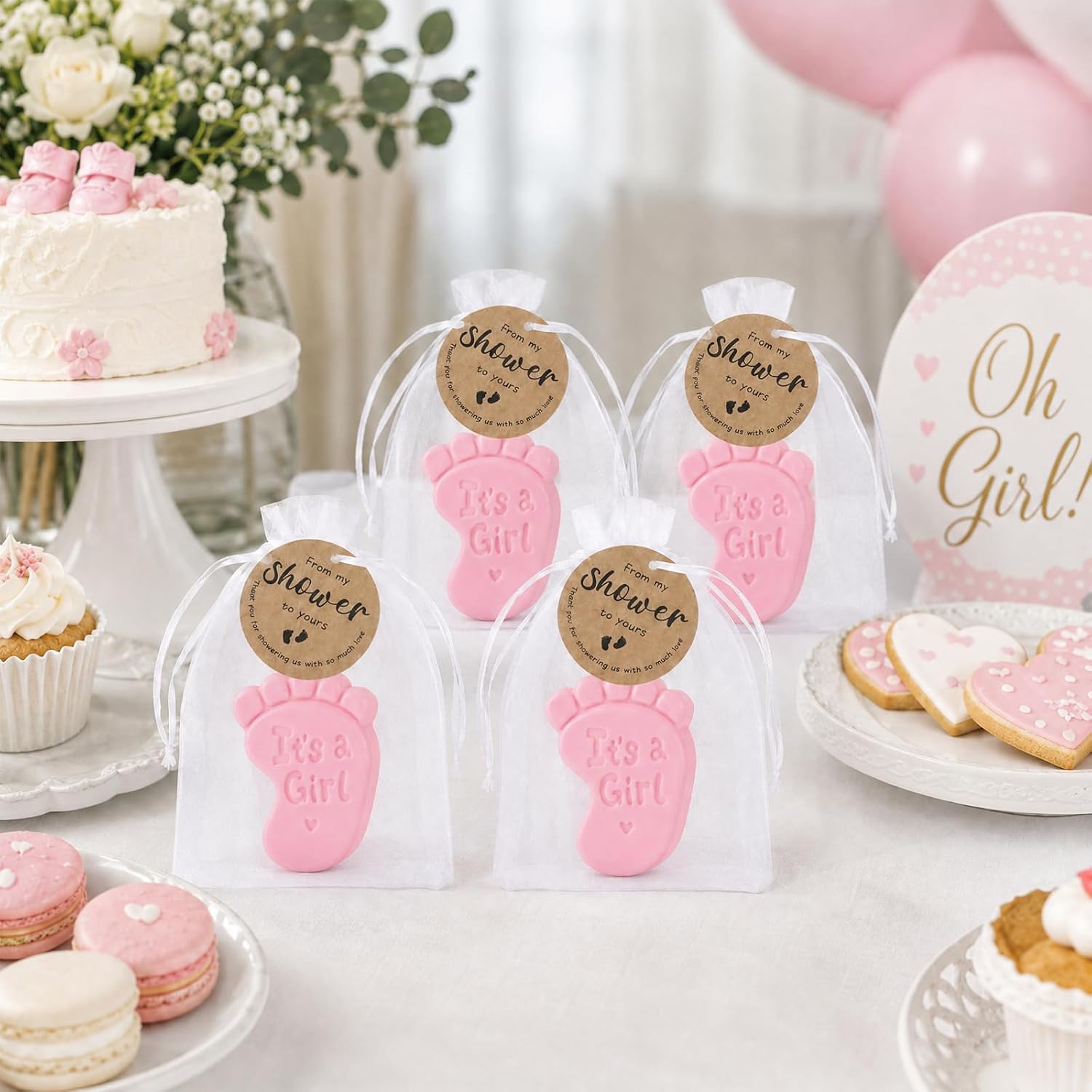 60 Sets Baby Shower Soap Favors for Guests Pink Scented Soap with Thank You Tag, Organza Bag for Gender Reveal Party (Pink)