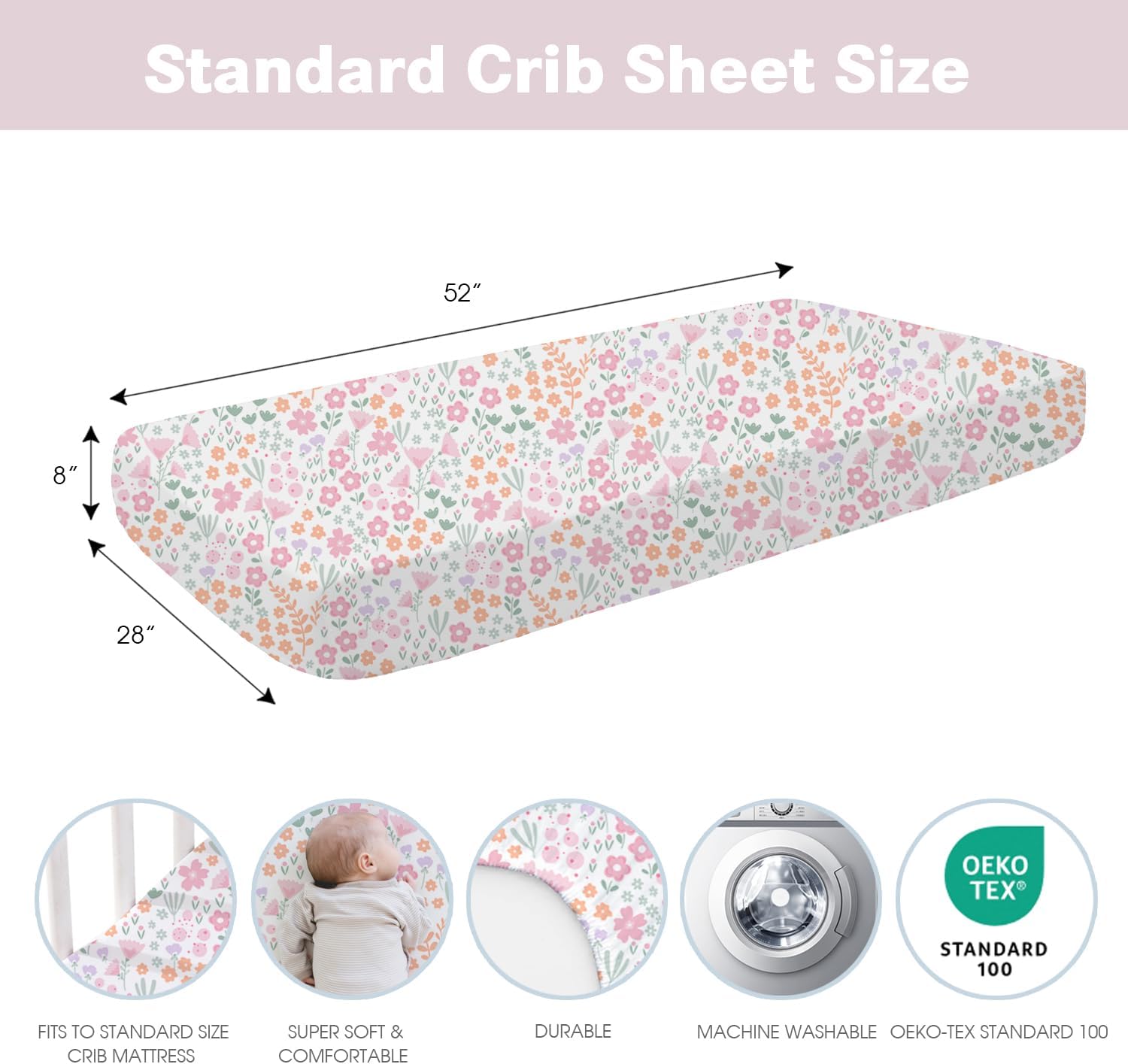 Little Grape Land Crib Sheets Baby Toddler Sheets 4 Pack Fitted for Boys Girls, Standard Size 28x52‘’ Crib Mattress, Super Soft Breathable Washable Microfiber (Floral/Blossom/Dots/Blush Pink) - Image 3