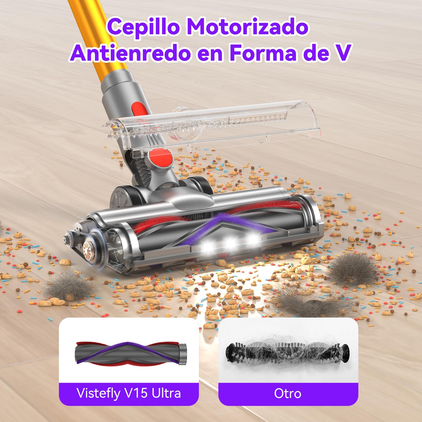 Vistefly V15 Ultra Aspiradora sin Cable, 58kPa/600W/70Mins Aspiradora Escoba Sin Cable, Cepillo Antienredos y Sistema de Filtración HEPA, Apto para Pelo de Mascotas, Apto para Alfombras y Suelos Duros