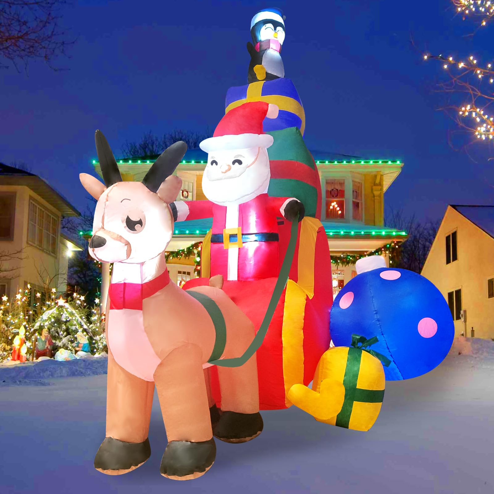 8FT Christmas Inflatables Outdoor Decorations, Blow Ups Santa Claus with Reindeer Sleigh, Penguin, Gift Boxes and Build-in LED Lights Yard Decor for Xmas Holiday Indoor Outside Lawn Party, Clearance