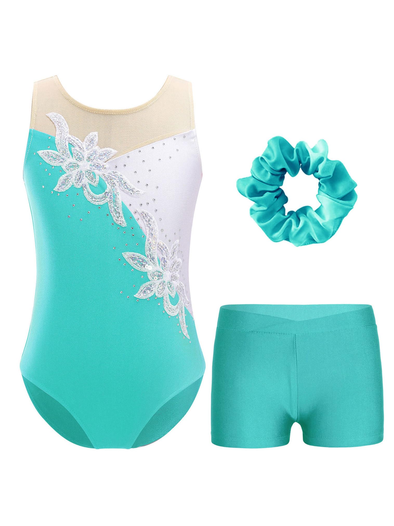 FEESHOW Mädchen Turnanzug Langarm Mit Glitzer – Gymnastik-Body & Shorts-Set Für Tanz, Ballett & Wettkampf