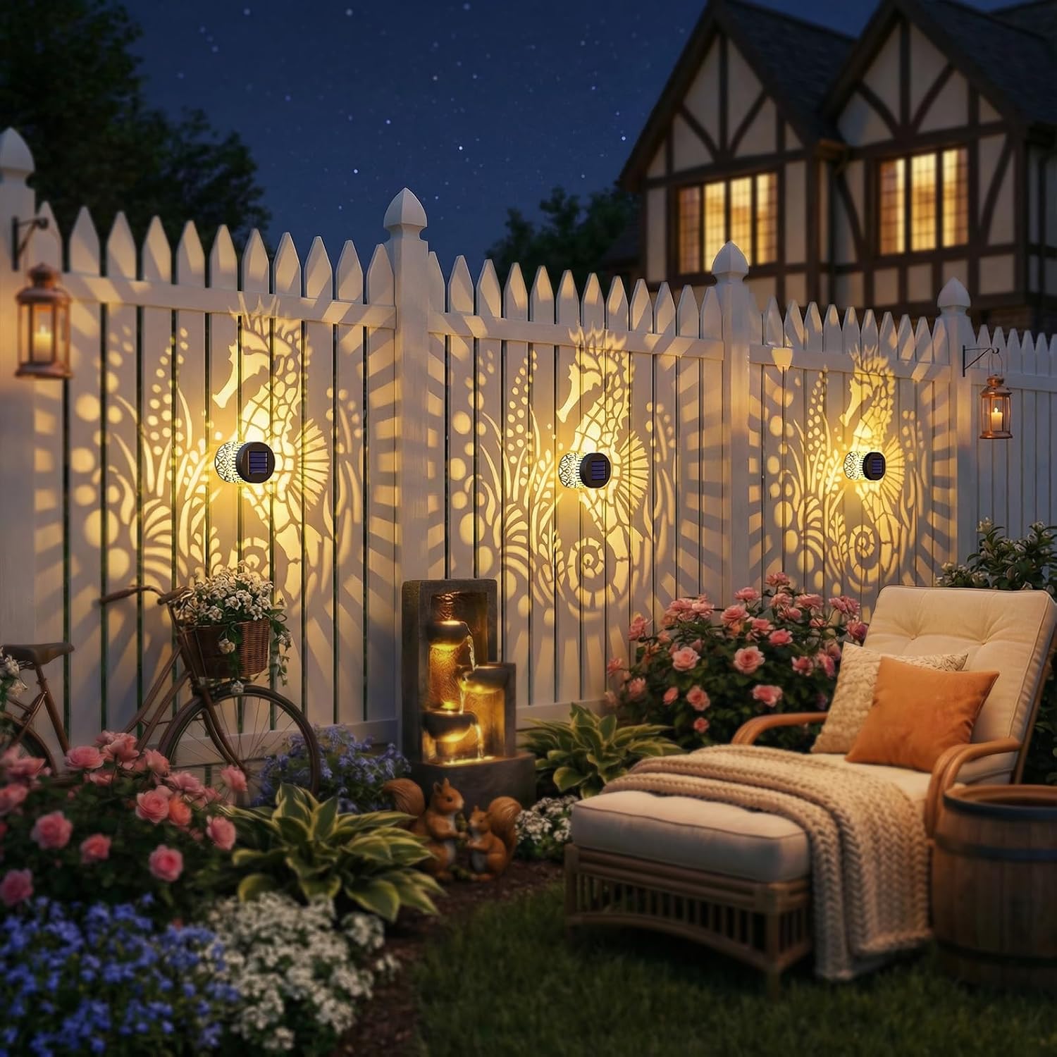 2 Pack Solar Fence Lights Outdoor Wall Lights Metal Solar Powered Deck Step Stair Lights Seahorse Theme Waterproof Fence Solar Light for Garden Post Patio Yard Decor, Gardening Gifts for Women Mom
