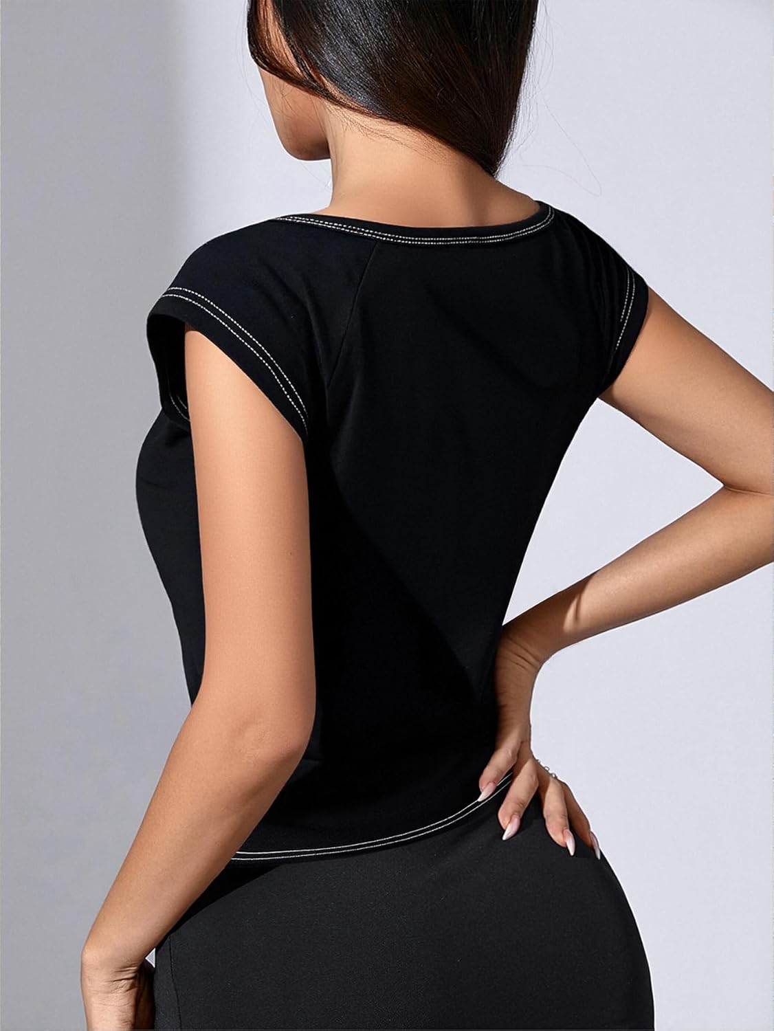 Women's Summer Button Front Scoop Neck T Shirts Vintage Cap Sleeve Fitted Dressy Casual Tops - Image 2