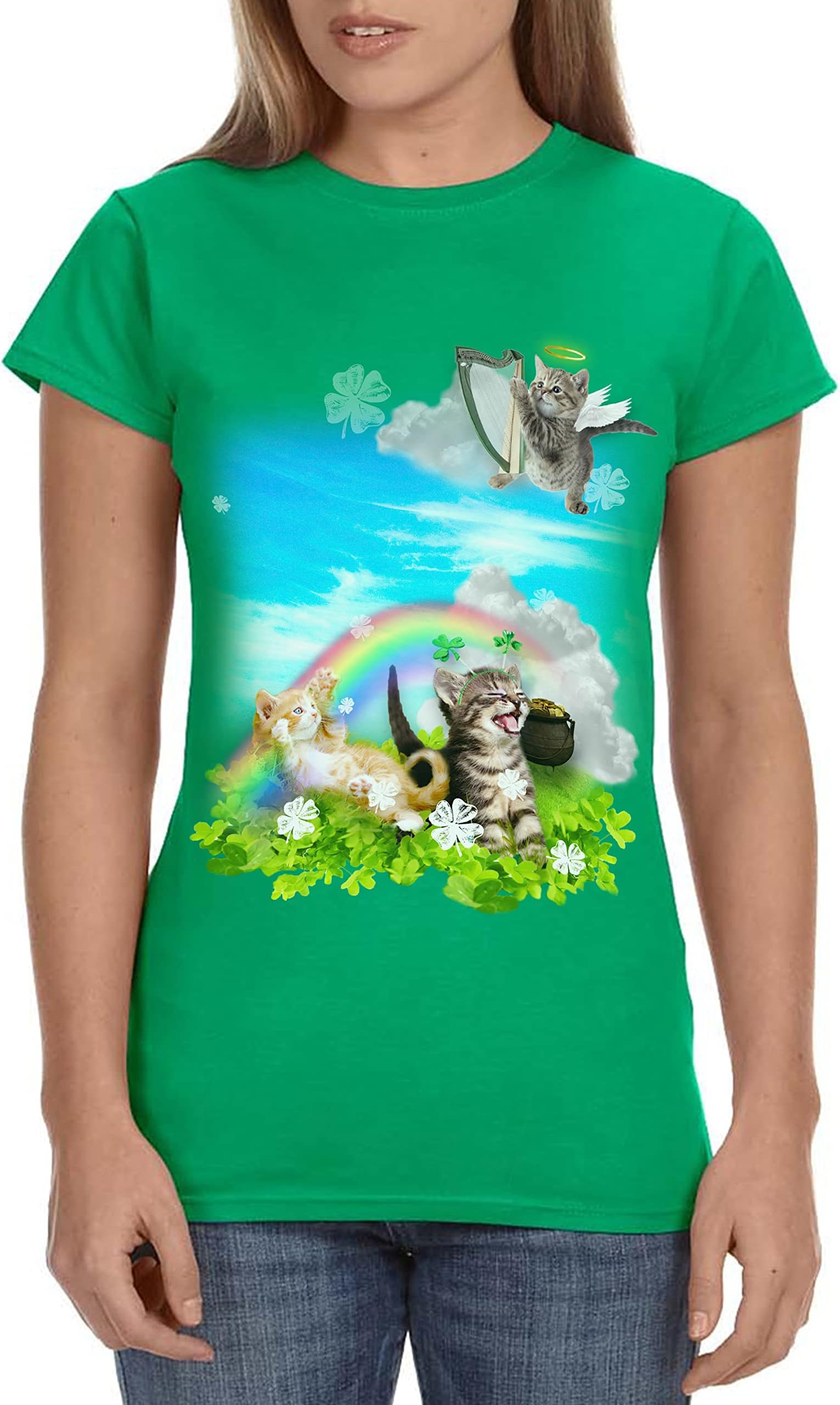 IntimoSt. Patrick's Day Shirt Green Irish Rainbow Angel Kittens Tee