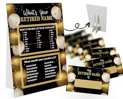What's Your Jubilated Name Game (1 letrero temático jubilado y 30 etiquetas adhesivas de nombre), decoración de fiesta de juego jubilado, juego de