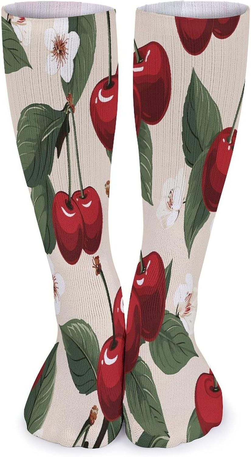 Red Cherry Pattern Knee High Socks Cozy Knee High Socks Soft Mid-Length Sock for All Seasons Daily Wear Adult