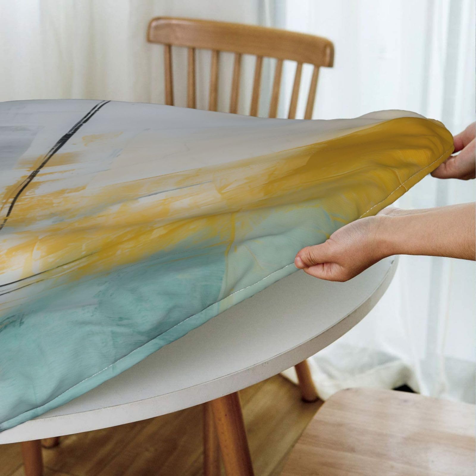 Mexpekil Tovaglia rotonda con bordo elastico, pittura astratta, facile da pulire, impermeabile, protezione per tavolo per esterni, S, adatta per tavoli rotondi da 101 a 111 cm