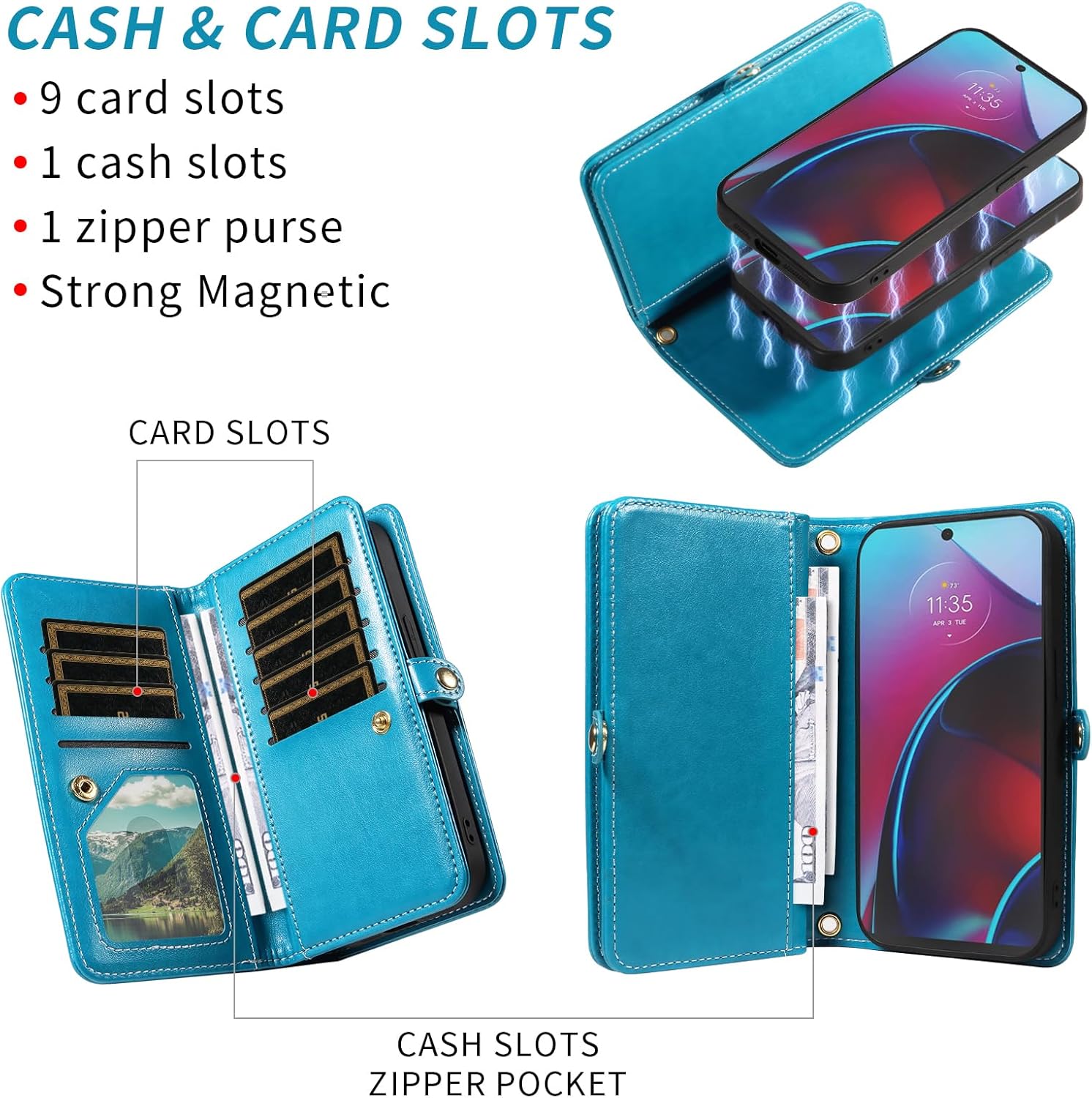 Asuwish Phone Case for Moto G Stylus 2022 4G Zipper Wallet Detachable Cell Cover with Tempered Glass Screen Protector Crossbody Strap Flower Card Holder Motorola GStylus XT2211DL XT2211 Women Men Blue