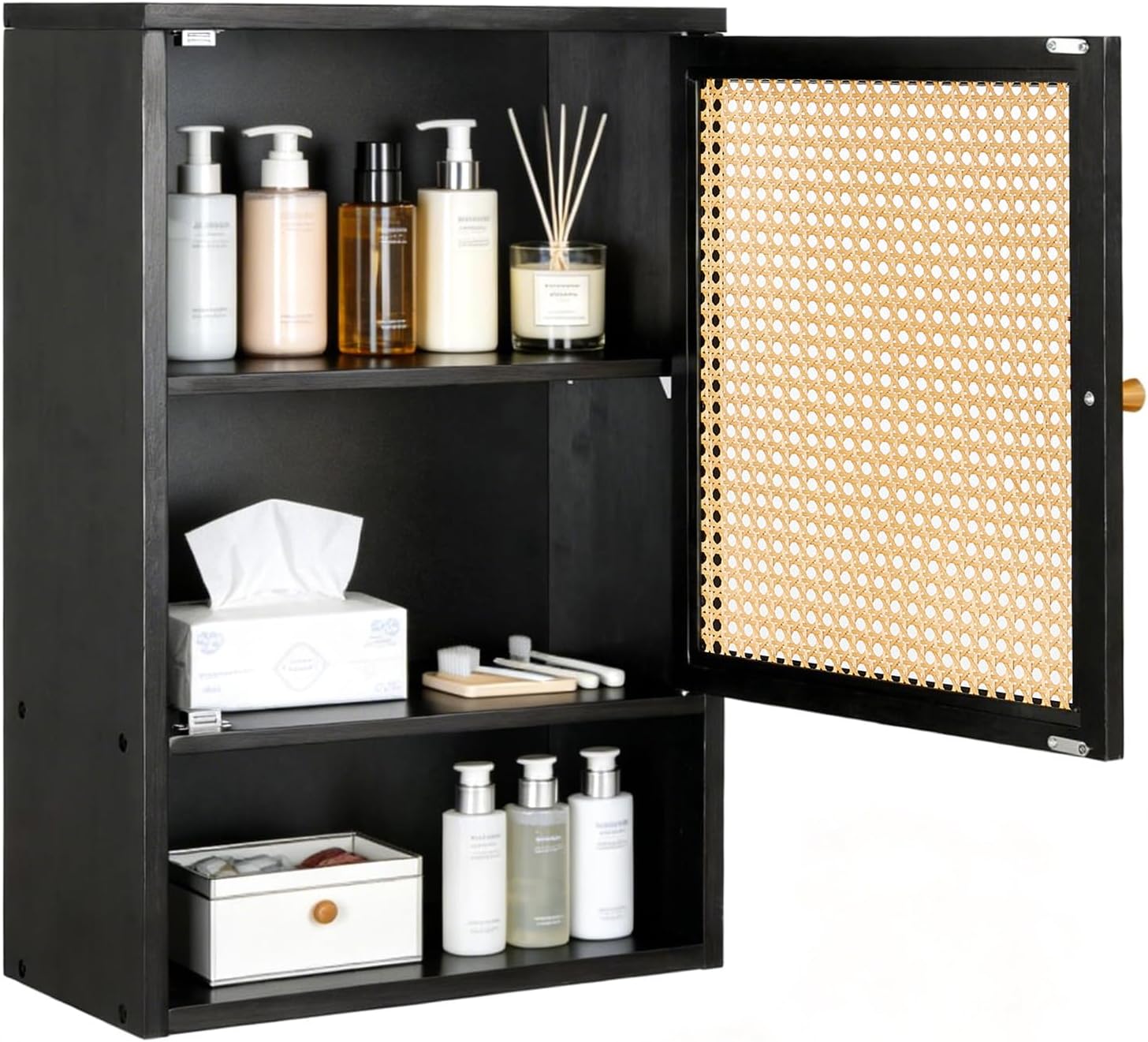 Bathroom Wall Cabinet, Above Toilet Storage Cabinet Bamboo Medicine Cabinets Wall Mount with Rattan Doors and Adjustable Shelf, Space Saver Cabinet Storage for Kitchen, Laundry, Living Room Black