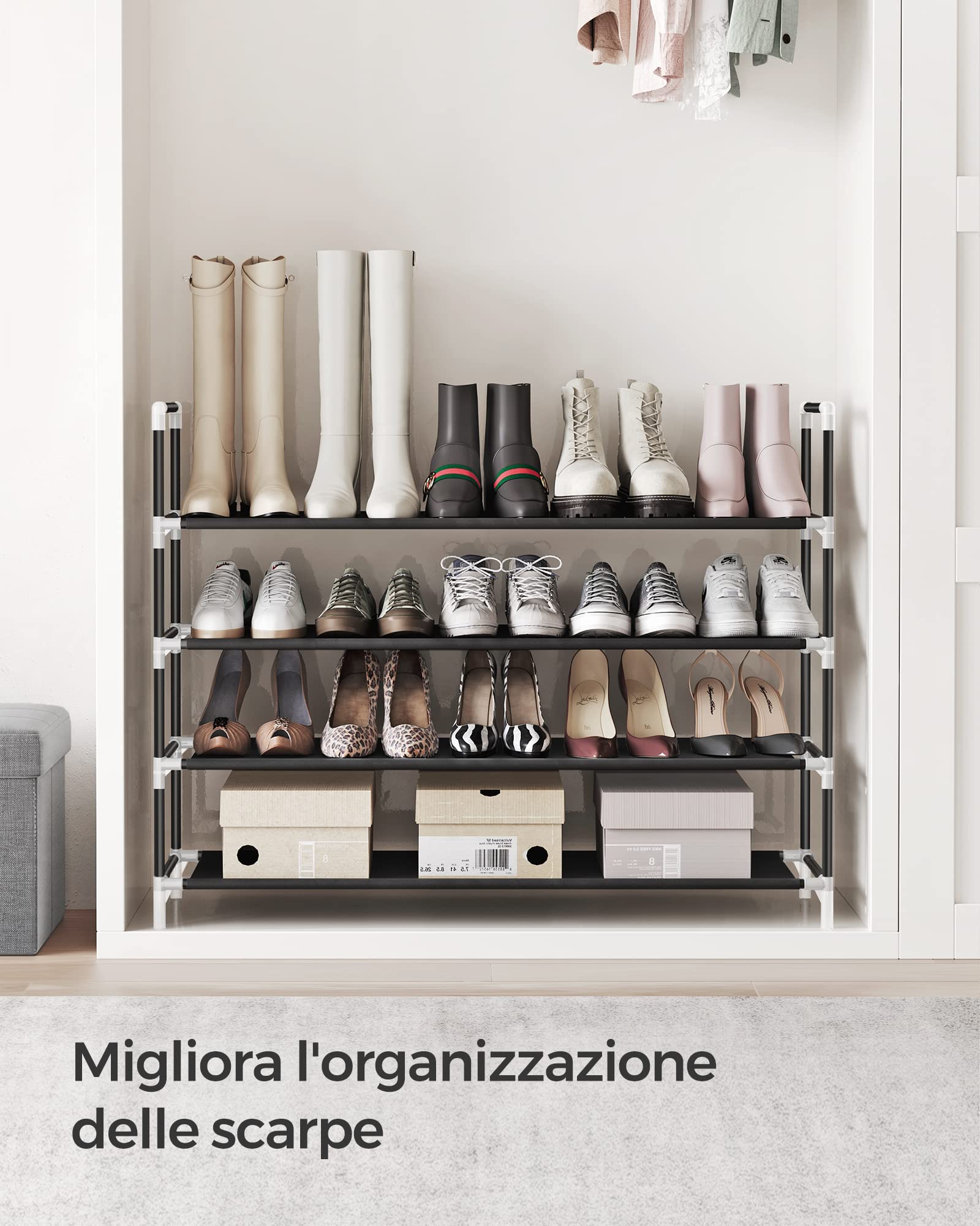 SONGMICS Scarpiera a 4 Ripiani, Portascarpe per Corridoio, Sottile e Salvaspazio, Struttura in Metallo, Ripiani in Tessuto Non Tessuto, Nero LSH054B01