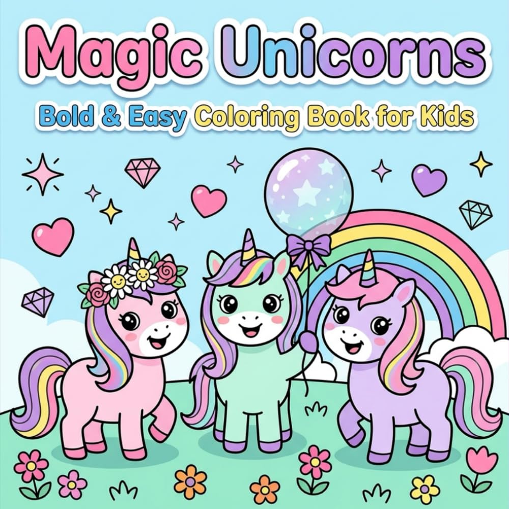 Magic Unicorns: Bold & Easy Kawaii Coloring Book for Kids