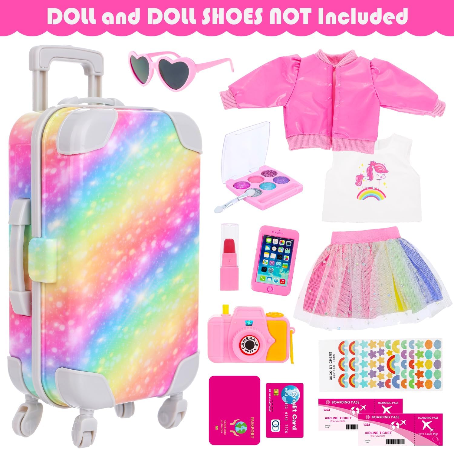 18" Doll Accessories Suitcase Doll Travel Playset Rainbow Style for Kid Christmas Birthday Gifts