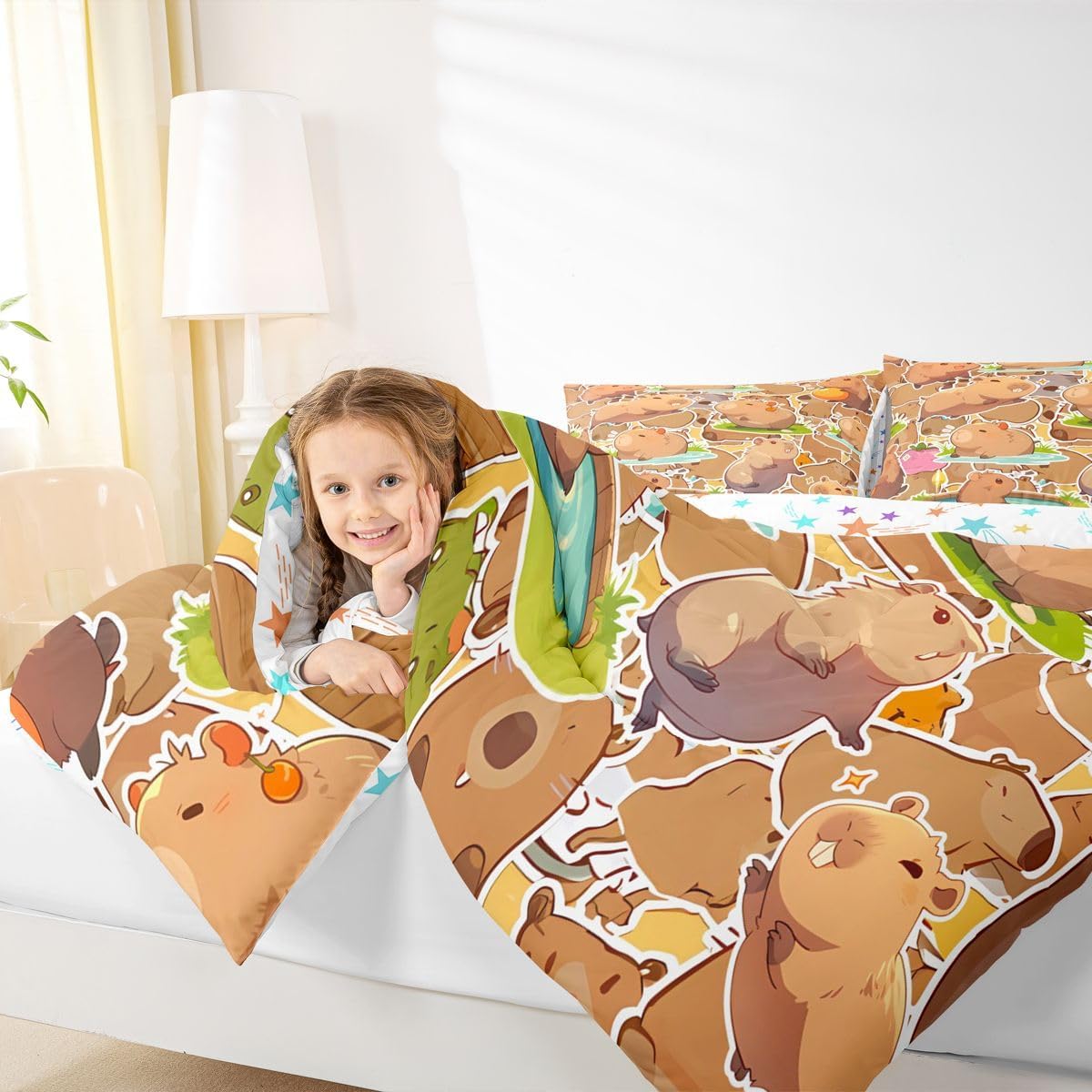 jejeloiu Capybara Comforter Set Full Size Kids Gifts for Capybara Lovers Comforter for Boys Teens Animals Lovers Bedding Set Orange Pattern Brown Duvet Set Room Decor Quilt Set