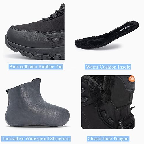 SHULOOK Men's Snow Boots Waterproof Warm Fur Lined Winter Hiking Boot Non-slip Outdoor Ankle High-top Shoes Work Hiker Trekking Trail, Black, 9.5