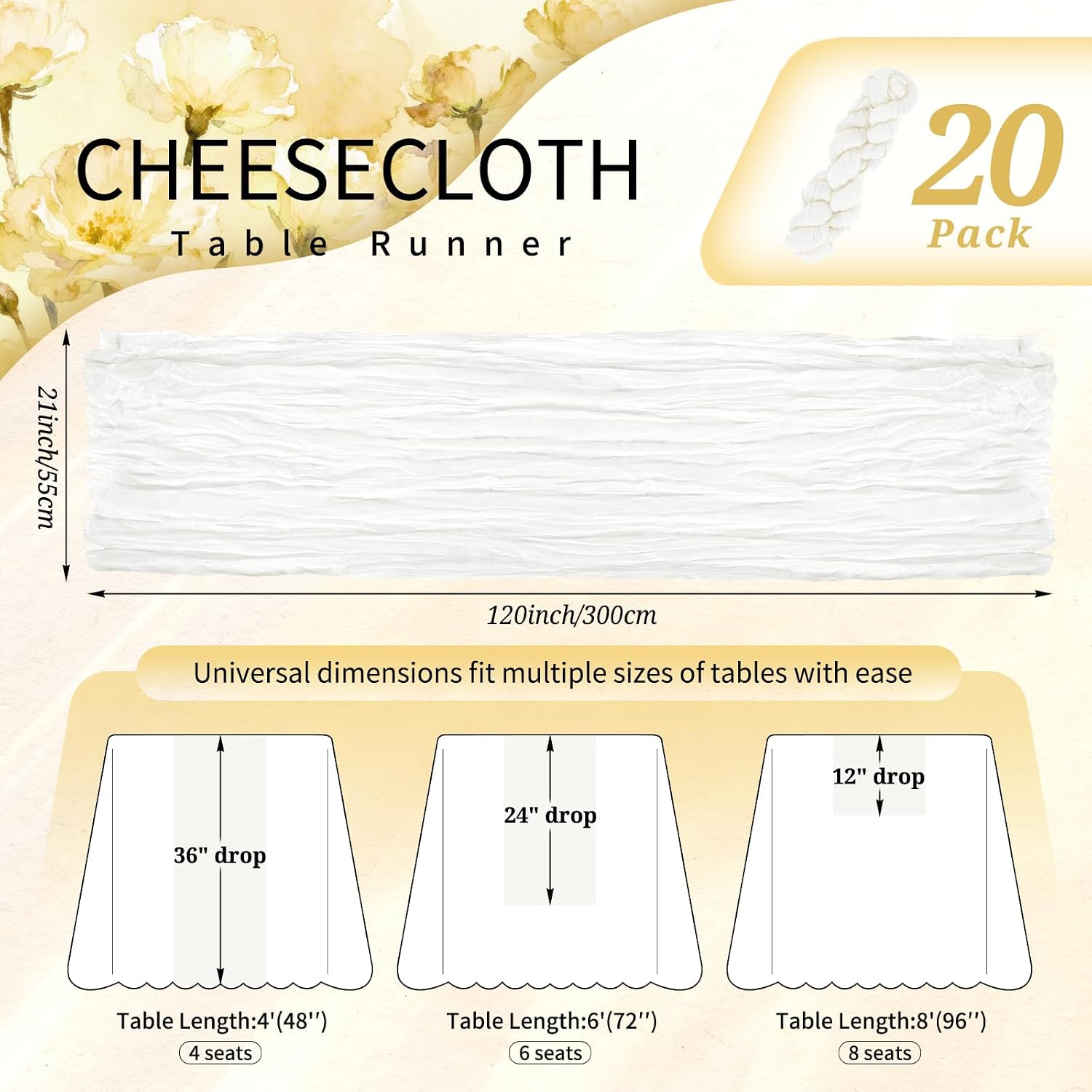 20 Pack Ivory White Cheesecloth Table Runner Wedding Birthday Table Decor image 2