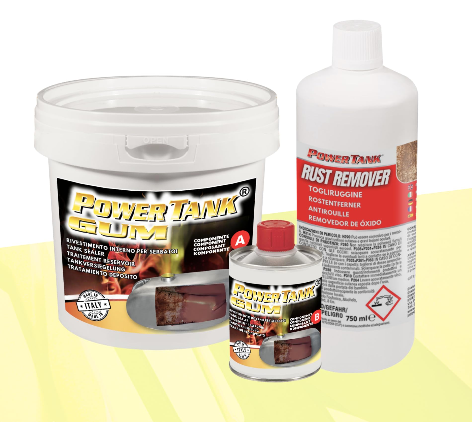 POWER TANK Gum Trattamento Serbatoio Moto Auto (100/120 Litri) Kit Very Big 2,5 kg per da Interno Serbatoi Benzina Diesel Gasolio Elimina la Ruggine Ripara Protegge Arrugginito Vespa con Antiruggine