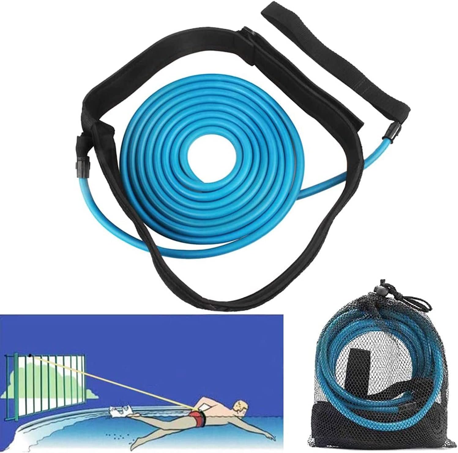 Arabest Swim Training Belt, 4M Bungee Cord Resistance Bands, Tether Stationary Swimming, Harness Static Belt, Great for Training and Exercise (Blue)