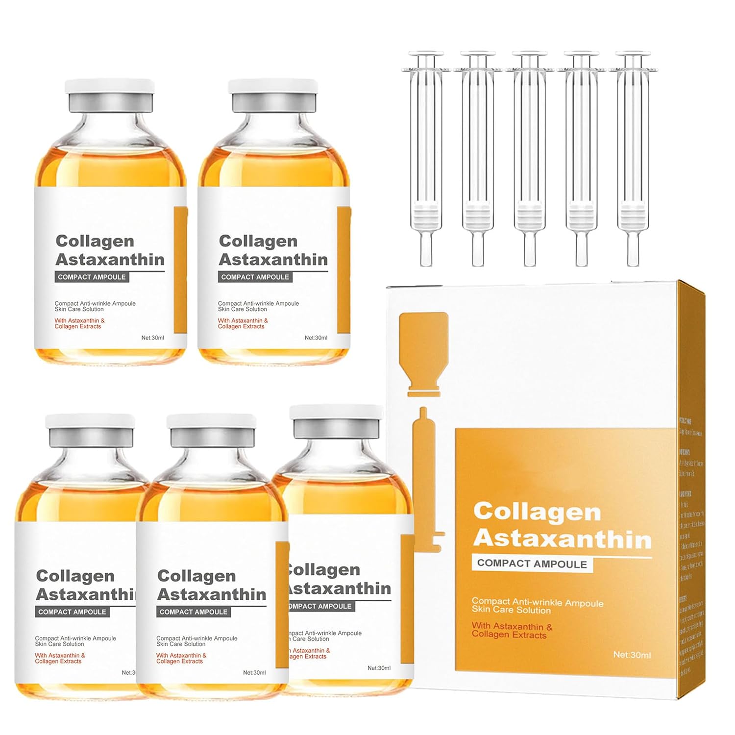 Generic Collagen Astaxanthin Compact Ampoule Serum, Anti-Aging Ampoule Serum, Firming & Lifting Face with Collagen & Hyaluronic Acid, Rich Astaxanthin for Fine Lines, Wrinkles (5Pcs)