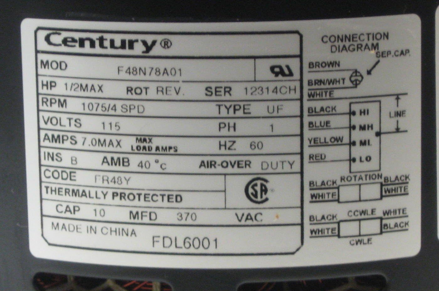 Century Furnace Air Handler HVAC Direct Drive Blower Motor 1/6-1/2 HP 1075 RPM 115 Volts 4 Speed FDL6001 Multi Horsepower