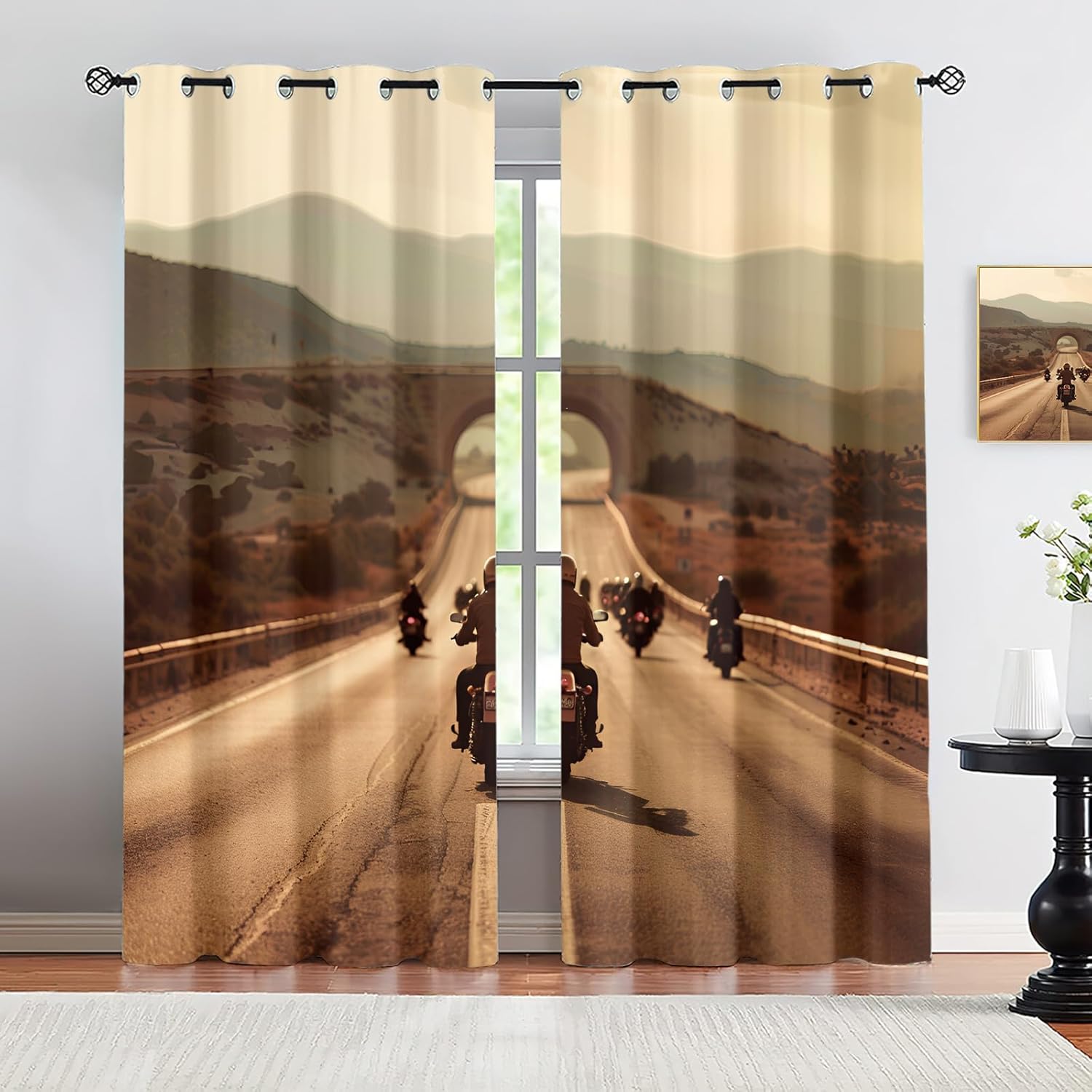 Motorcycle 3D Eyelet Blackout Curtains, USA Road Decor Curtains, City Scenery Grommet Drapes, Noise Reducing Washable Window Treatments for Bedroom 21" W x 54" L