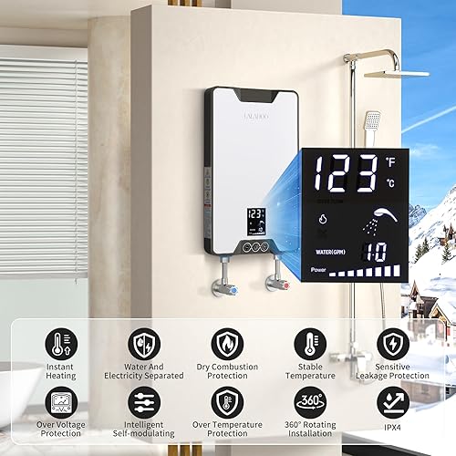 Miniatura 4 de LALAHOO Calentador de agua eléctrico sin tanque de 9kW, calentador de agua caliente instantáneo de 240 V, se modula automáticamente para ahorrar