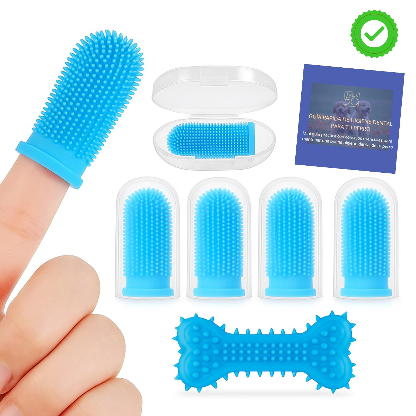 Cepillo Dental Canino – Pack de 5 Dedales con Fundas Mordedor Caja de Almacenaje y Guía Educativa para el Cuidado de la Boca de tu Mascota