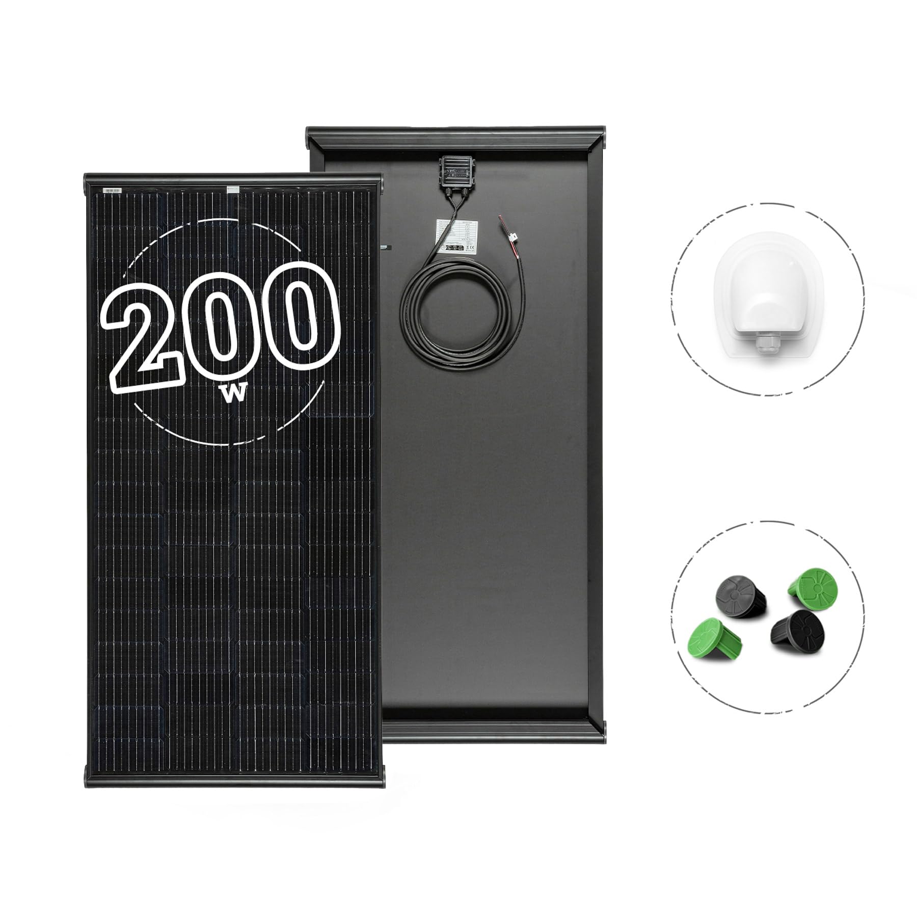MOSCATELLI Panel Słoneczny 200W Black Boost Monokrystaliczny PERC Kompletny Zestaw do Kampera z Zintegrowanym Czarnym Profilem Aluminiowym do Montażu na Dachu - BEZ REGULATORA