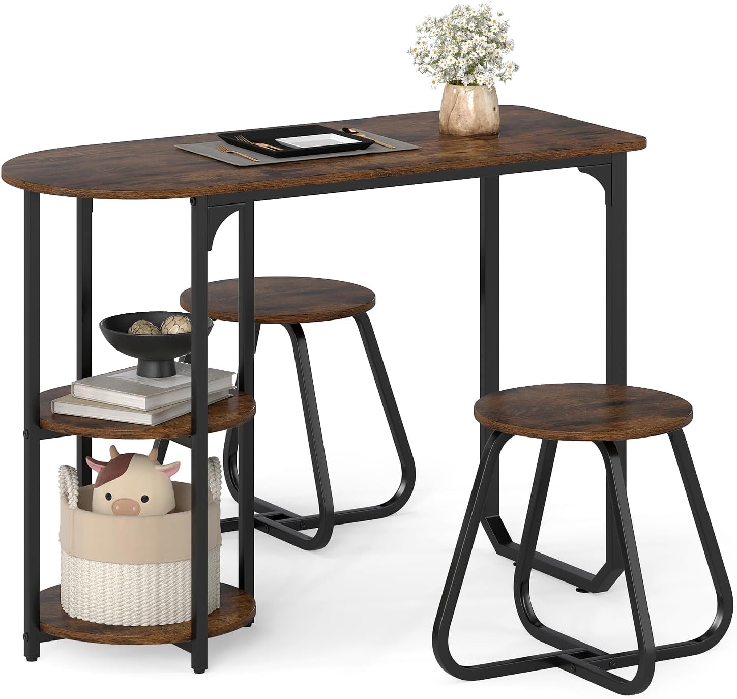 Dining Set with 2 Chairs & 2 Shelves, Compact Kitchen Dining Table Set, Seating Set for Small Spaces, Dining Room, Kitchen (Rustic Brown)