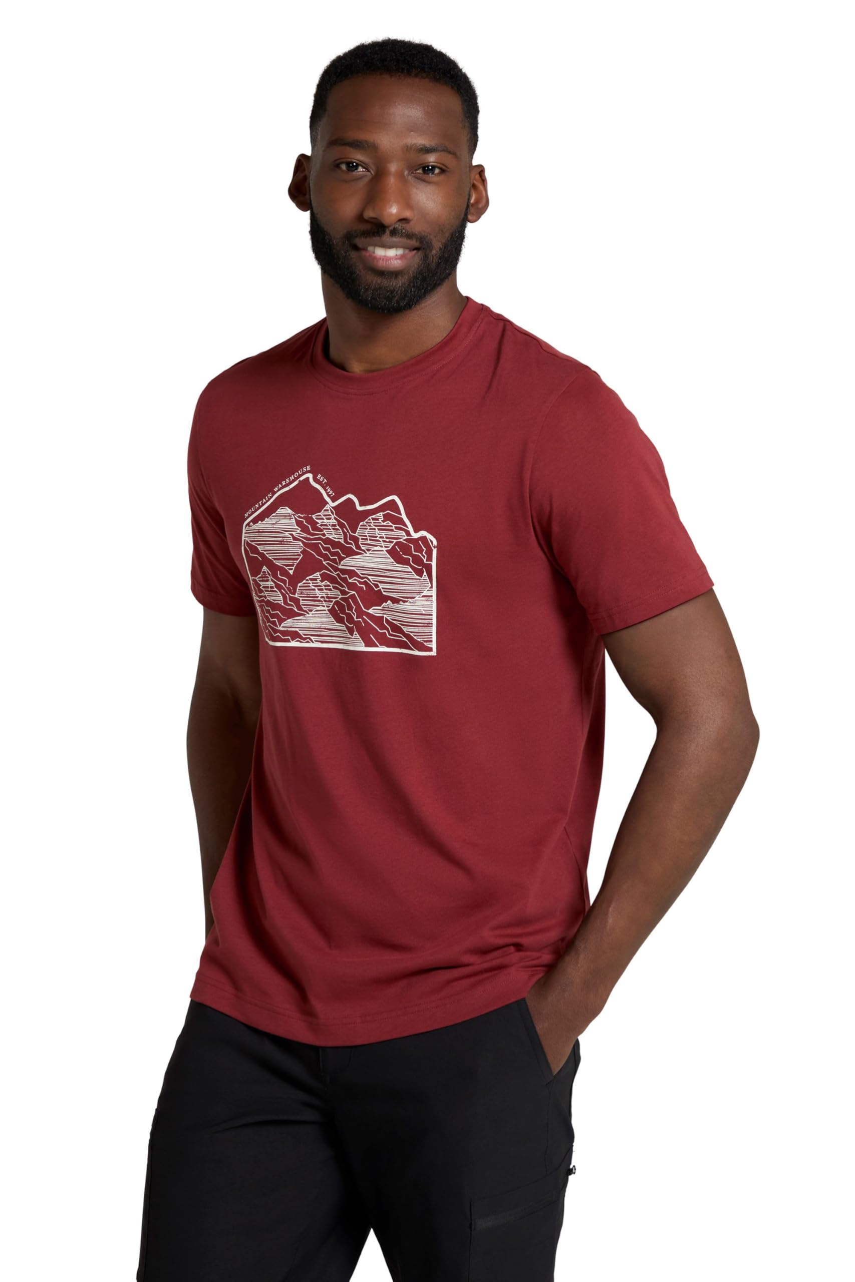 Mountain Warehouse Linear Mountain Mens Cotton T-Shirt - Lightweight & Breathable UV Protect Tee Shirt - Best for Spring Summer, Outdoors & Holiday Dark Burgundy S