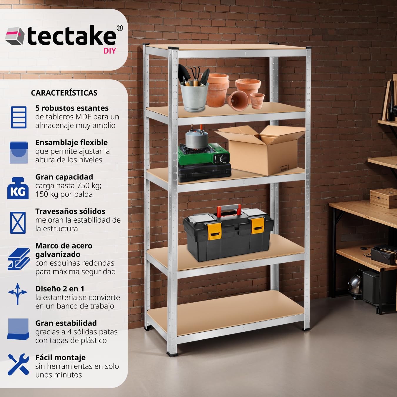 tectake® estantería metálica de 5 estantes, Montaje versátil, Ideal para Taller, Garaje o trastero, estanteria Libros, estanteria trastero, estanteria Metalica - 90 x 40 x 180 cm 750 kg Carga Máxima