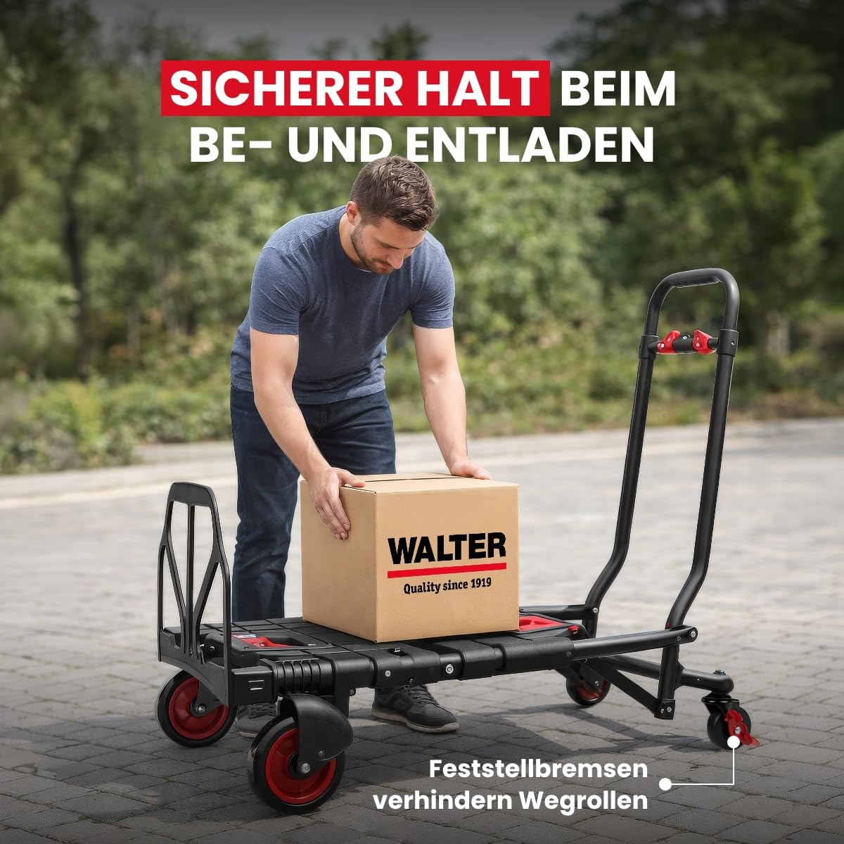 WALTER 2-in-1 Transportwagen & Transportkarre – 150 kg Tragkraft, ausziehbarer Griff, Feststellbremse, elastische Fixierbänder, klappbar