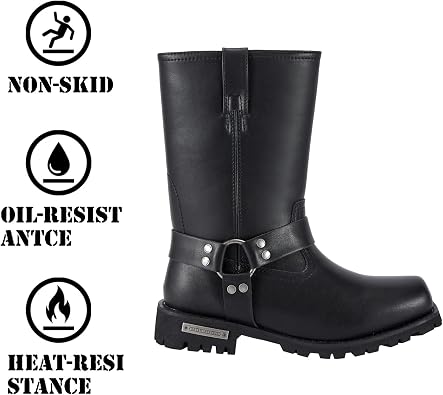 GARGOYLE BELLS Mens Harness Straps Motorcycle Leather Boots Black Waterproof Biker Boots For Men- Low Heel Riding Boots