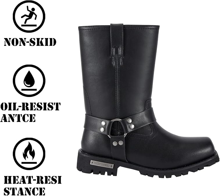 GARGOYLE BELLS Mens Harness Straps Motorcycle Leather Boots Black Waterproof Biker Boots For Men- Low Heel Riding Boots