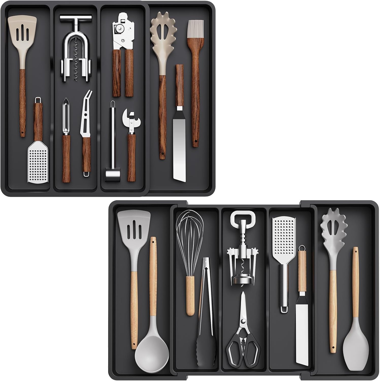 Lifewit Utensil Drawer Organizer,Adjustable Cutlery Silverware Flatware Holder, Plastic Kitchen Spatula Tools and Gadgets Storage Divider, Large, Black