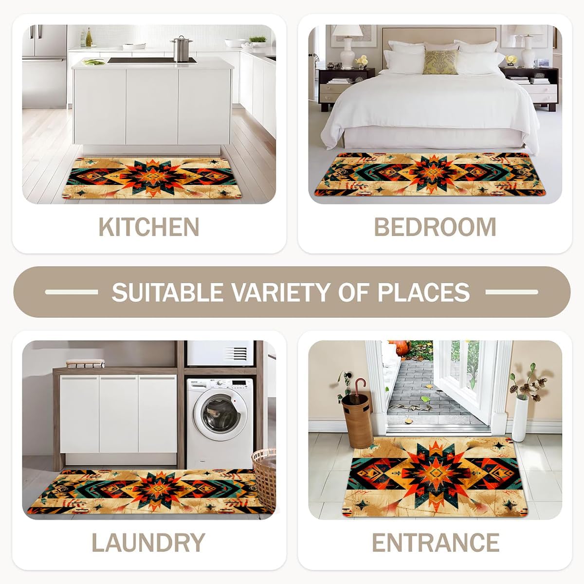 Southwestern Aztec Kitchen Rugs Set of 2- Cotton Linen Blend Floor Mats(17.7''x29.5''+17.7''x47'') - Washable Non-Slip Kitchen Mats for Home Office Bedroom Bathroom Laundry (Western3)